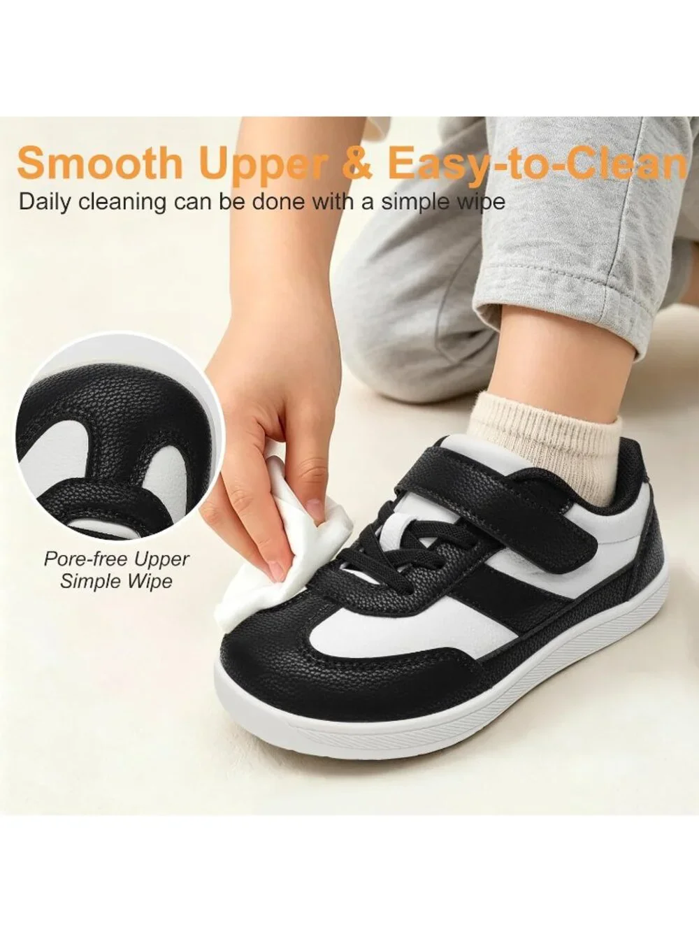 Toddler Black White Faux Leather Boys Girls Wide Toe Zero Drop Barefoot Sneakers